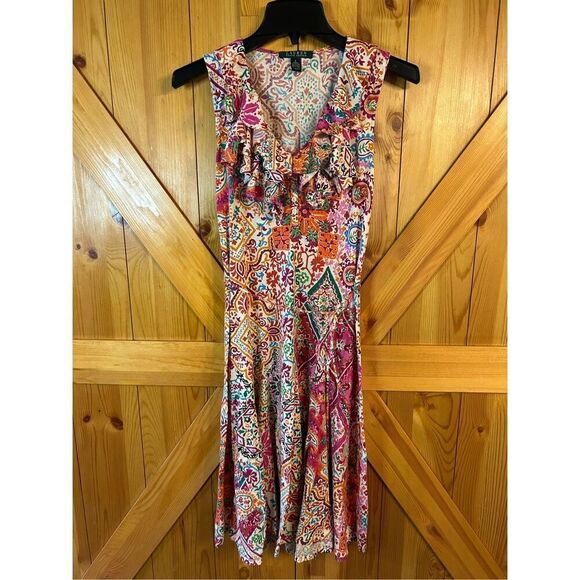 Lauren Ralph Lauren Dress Size Small Floral Paisley Sleeveless Fit & Flare V Nec - Picture 1 of 8